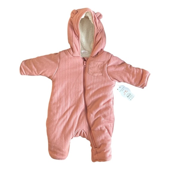 Baby 0-3 month Sherpa Lined Hooded One Piece Suit Zip Up Snow Cold Weather - Picture 1 of 6